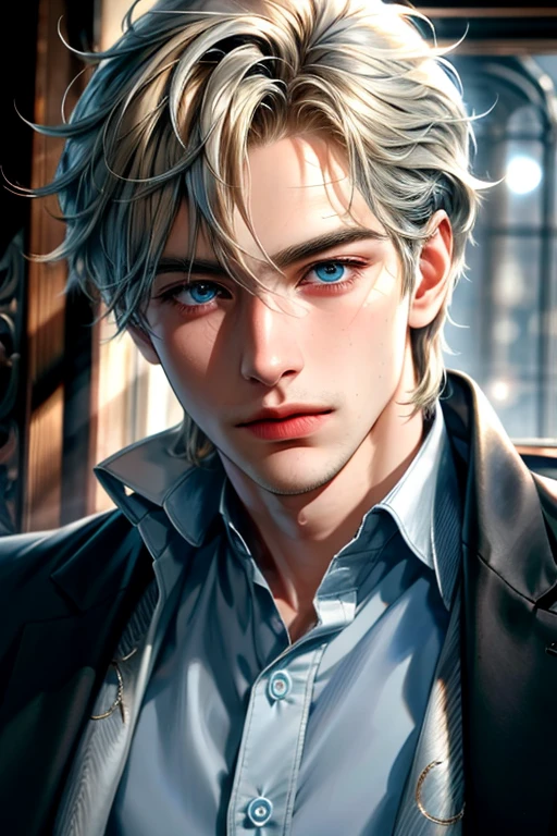 high quality, 8k, Ultra detailed, hdr, studio light, Masterpiece, Portrait of a standing man, Handsome face, Focus on your audience, young boy, head to feet,blondy hair, azure big beautiful blue eyes, closed mouth, silver jewelry, natural light, messy hair, dynamic pose realistic, detailed and correct facial structure