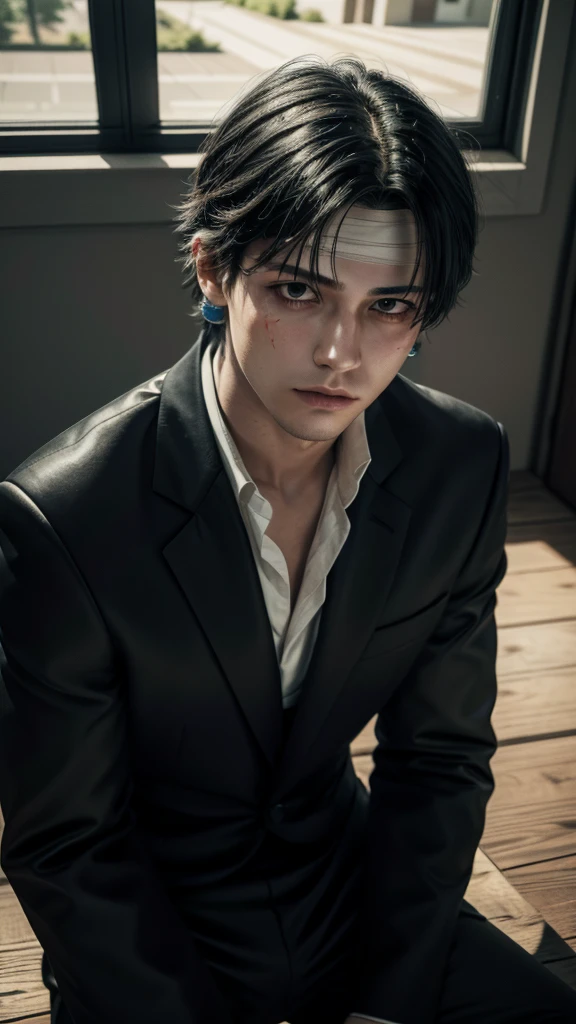 (best quality), high quality, very high resolution, (ultra detailed), 8k, (hyper realistic),Ray Tracing, (masterpiece, highest quality:1.2), Cowboy Shot, alone, Male focus, One boy, Chrollo Lucilfer, Expressionless, Mouth closed, good looking, Arms crossed, formal, Black suit, Collared shirt, Black tie, Black trousers, Black trousers, jewelry, bandage, (Blood:1.1)