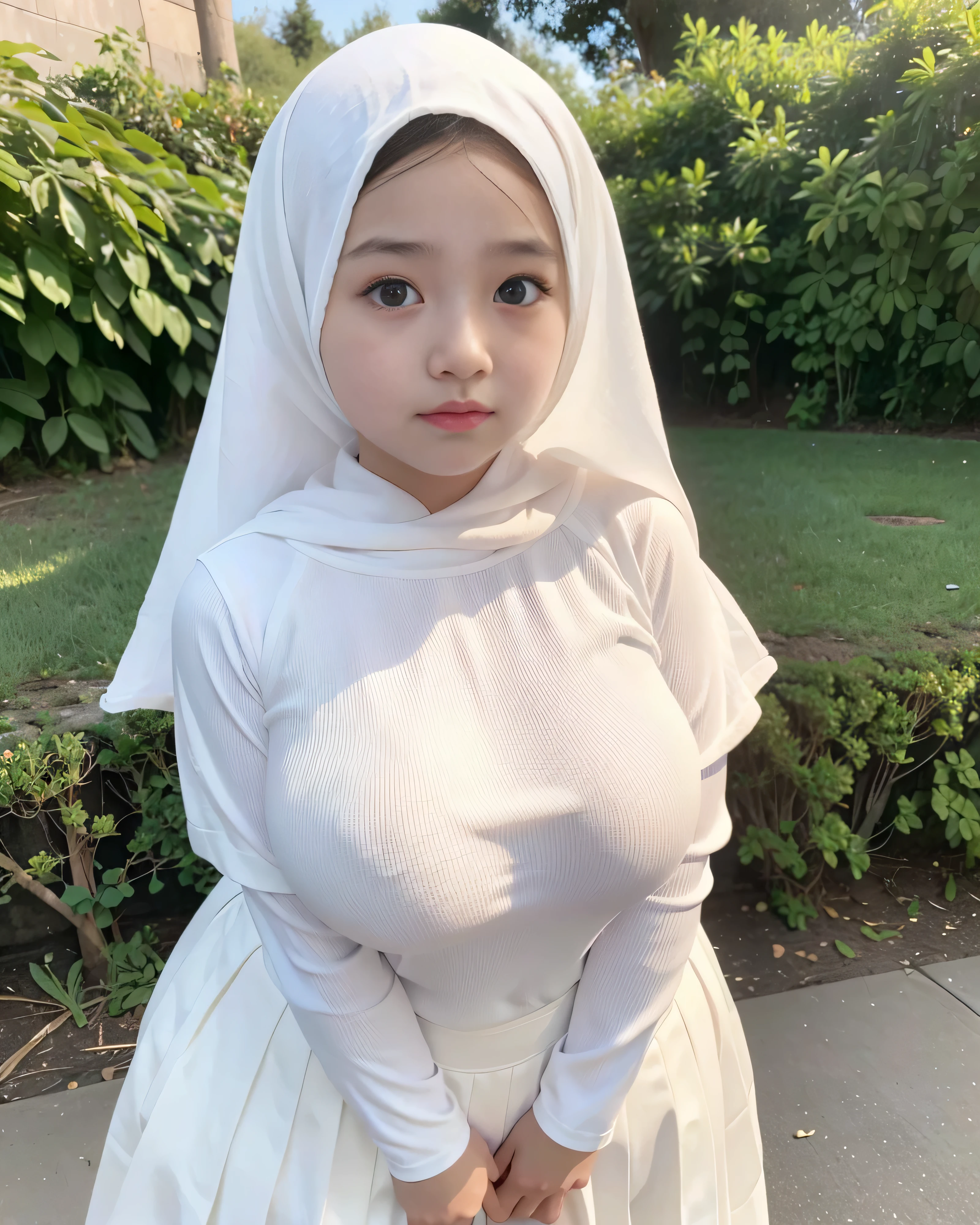 adorable, 1 girl, , baby face, sm portrait, (face details: 1), (eye details: 1), ((big breasts)). wearing white long rib shirt, long skirt, hijab. Plump legs.. proportional body. Ultra High res. realistic: 1.4, UHD