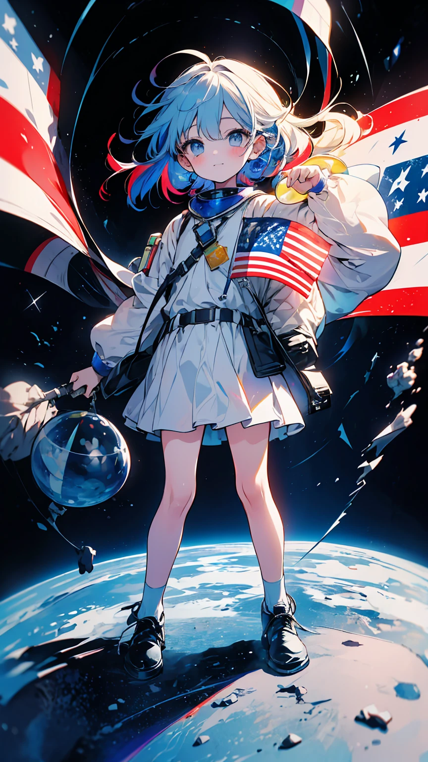 (masterpiece, best quality), (colorful:1.4), from above, solo, 1girl standing on the moon's surface, commemorating the Apollo 11 moon landing with a bag of lunar rocks and an American flag, depth of field, fisheye lens
