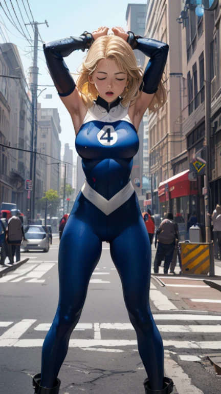 (Highly quality, masterpiece, detailed), city detailed scenario, city detailed background, (x shaped pasting stand), (hands up, spread hands, in stocks pose:1.3), 1girl, Susan Storm, blue eyes, blonde hair, full body blue bodysuit, sleeves, perfect face, big breasts, number '4' logo on chest, (shut closed eyes, tears:1.1), sighing