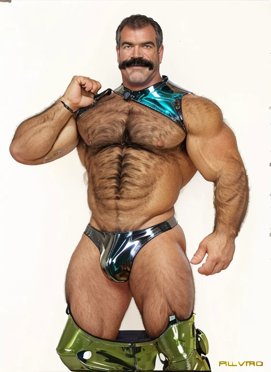 full body portrait, strong burly hairy mature older man(space captain), wearing futuristic captain's uniform insignia (neon and black) (open and revealing) (latex) , gray hair, broad shoulders, round belly, thick feet, bulging micro thong, barefoot, scifi spaceship captain uniform, neon lights, best quality elegant masterpiece, face looks like Tom Selleck (Magnum PI) , military buzzcut, dark mustache, gray stubble, latex, wearing a latex thong, big bulging crotch, futuristic gear equipment, wearing see through plastic chest armor (neon yellow and electric blue), wearing neon yellow see through chest armor, wearing electric blue latex chaps(see-through) , wearing cool neon sneakers,in spaceship cockpit, lying in spaceship sleeping quarters(bed) (view from above), smiling with teeth showing, nicebulge, waiting in bed, glowing armor, legs up(!) and spread(!) , big muscle ass, wet and dripping ass, visible asshole(!) , wet asshole, hairy pecs, thick long legs, silver hair