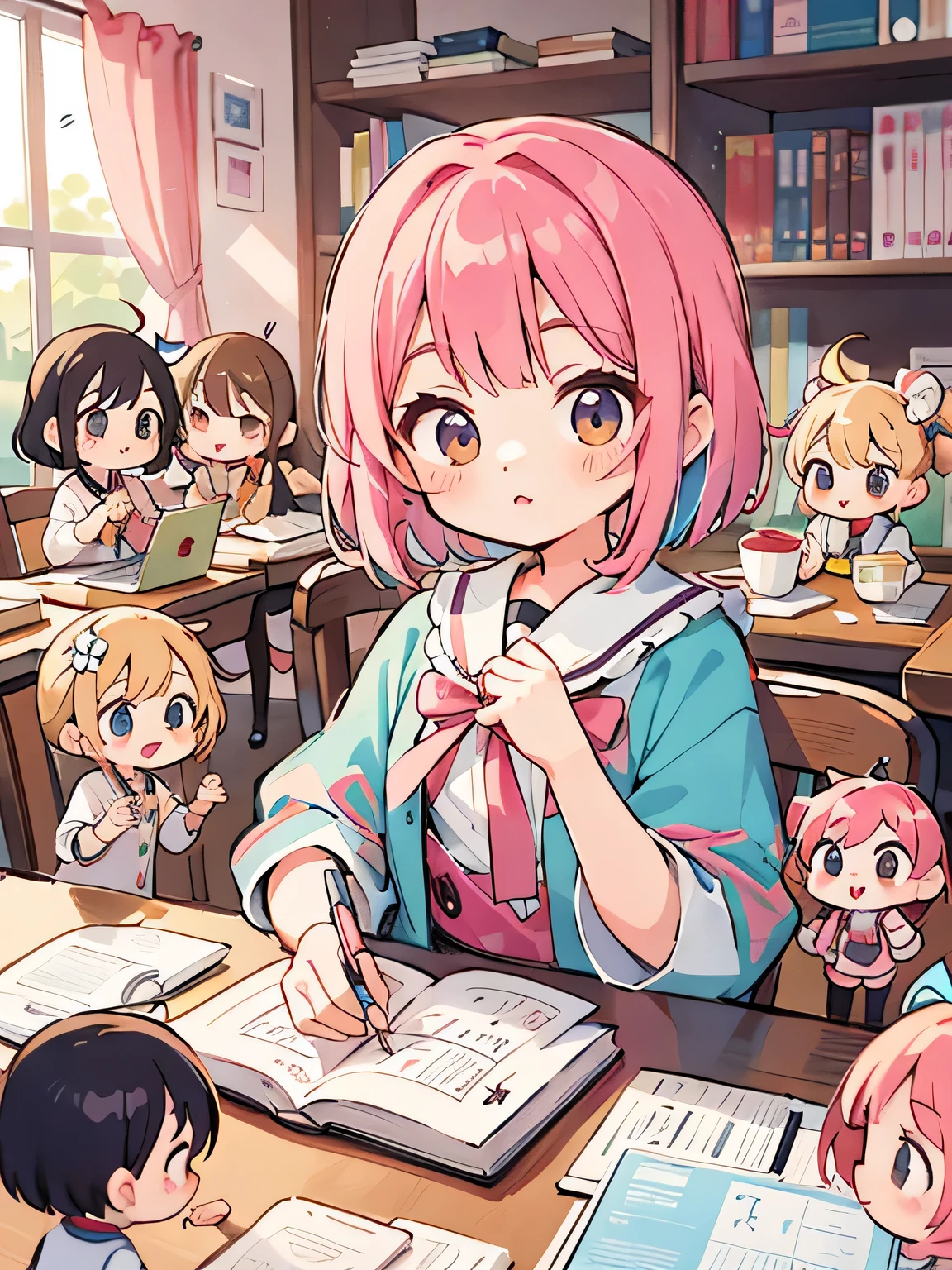 Momoko Sakura style, Kawaii Design, (((10 people)))、most beautiful girl ever、Chibi, Colorful bob hair、((Lots of friends))、children&#39;s room、Study session together
