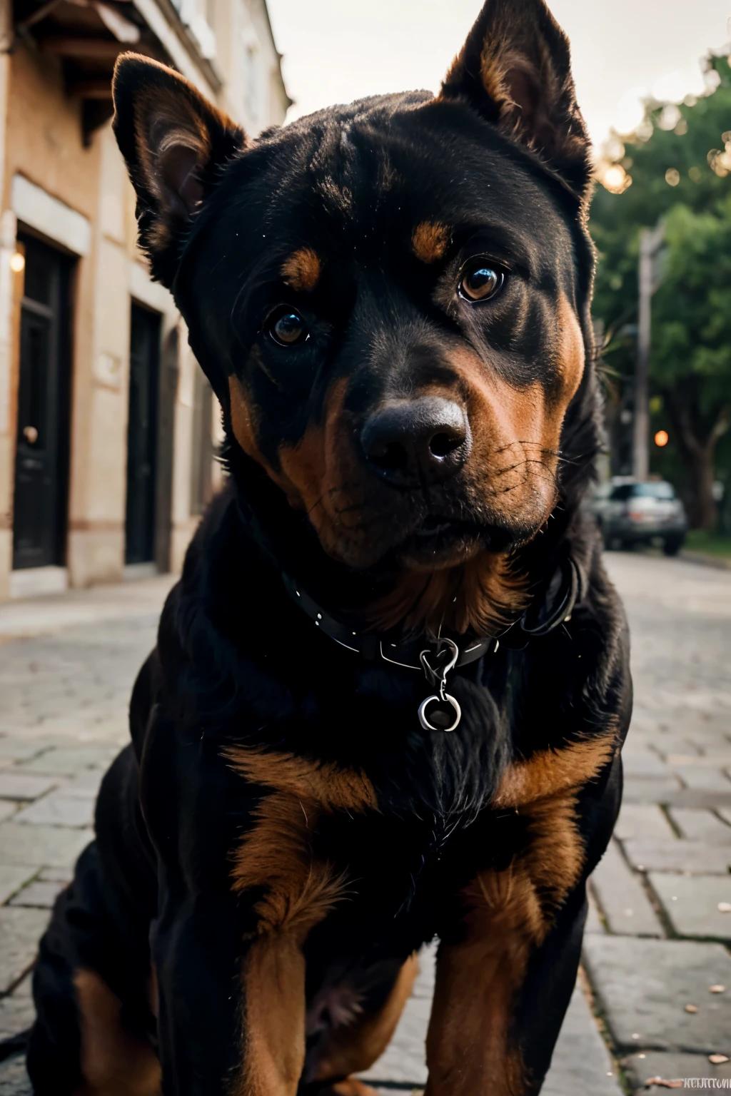 A realistic photo of an adult Rottweiler dog, instagram, photography, outdoor, closeup