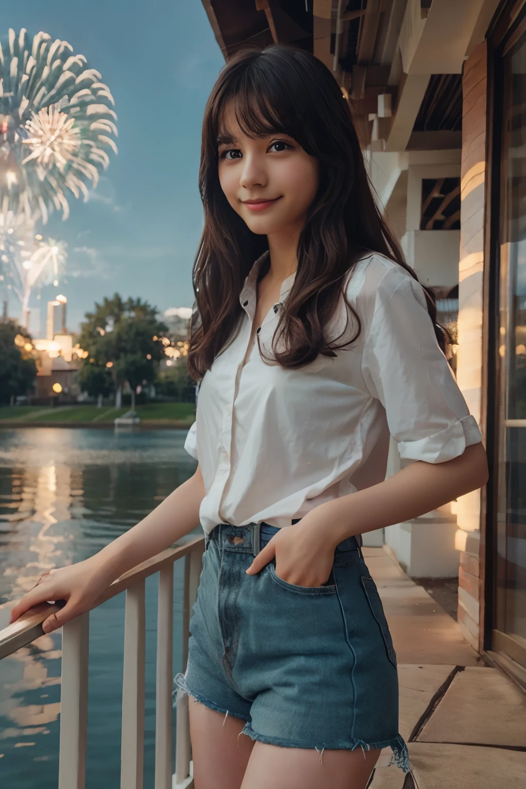 Photorealistic、 watching fireworks near the lake、smile、Standing posture、whole body