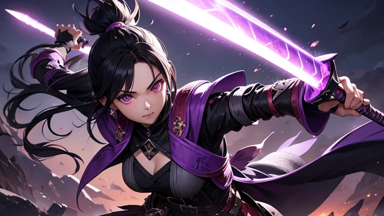 masterpiece、Highest quality、Monster Hunter, Black Hair, Long ponytail, Purple eyes, Wearing Odogaron gear、A girl swinging a long sword in the air, purple glowing effects, black gothic costume