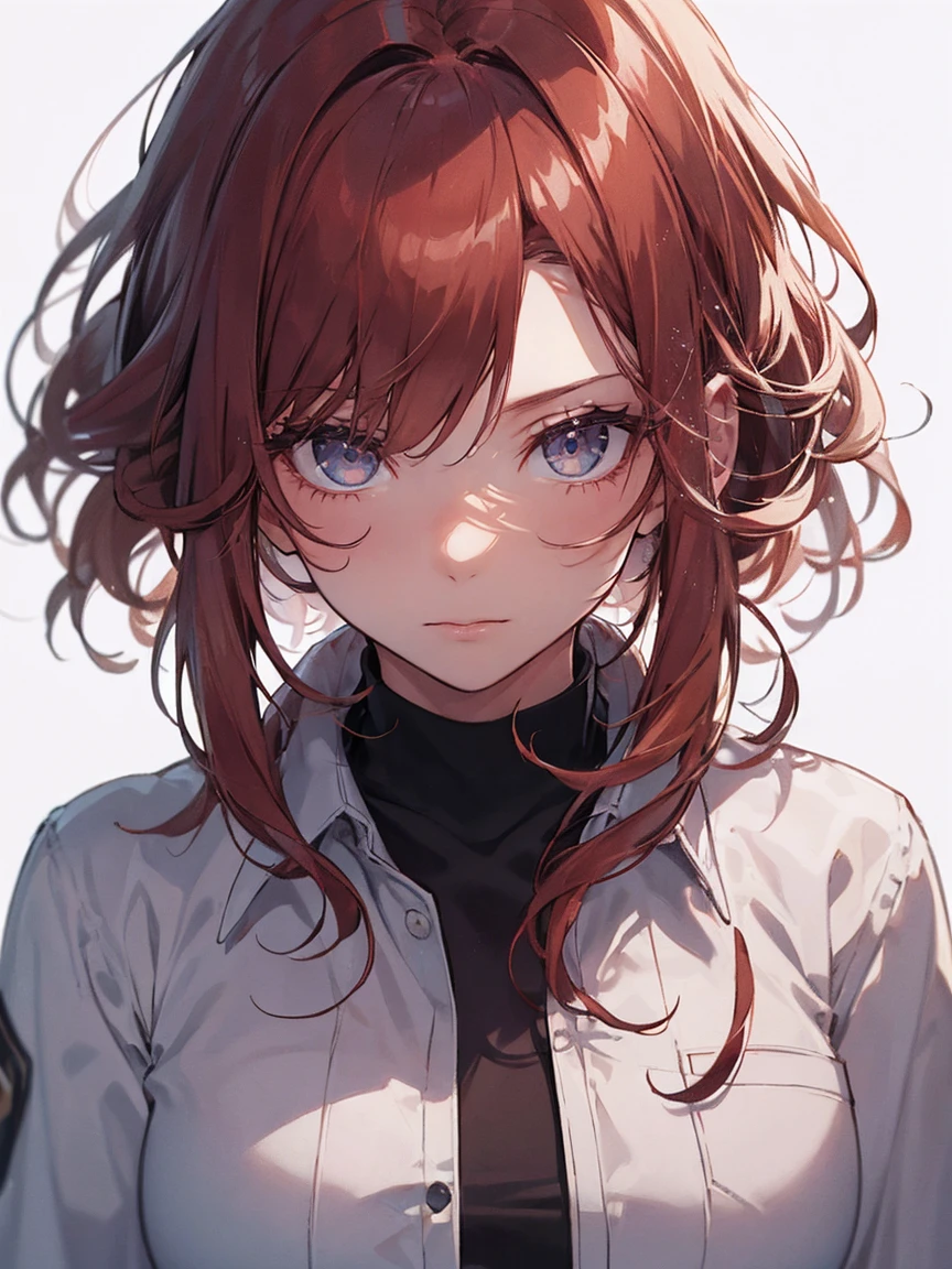 (((Very detailed, 8K quality))),, Clear Eyes, 1 female, whole body、blue eye background,Looks comfortable、Worthless outfit、simple fashion、No decoration、No decoration included、no neckless,Big and ample breasts, (Scarlet Hair), Long Hair, Purple eyes, Wearing a white coat、Researcher、Glasses、Lightweight shirt,Short skirt、 (Natural skin texture Crisp details, Surreal, (Realistic eyes, Natural skin texture, Realistic facial details), Written boundary depth, Bokeh, Crisp details, Beautiful Eyes,Looking down on,Looking down on,