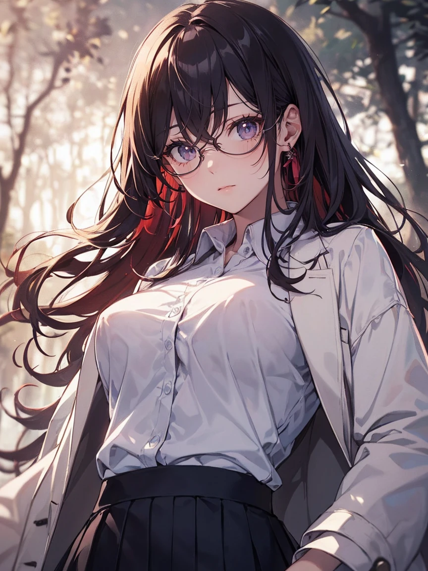 (((Very detailed, 8K quality))),, Clear Eyes, 1 female, whole body、blue eye background,Looks comfortable、Worthless outfit、simple fashion、No decoration、No decoration included、no neckless,Big and ample breasts, (Scarlet Hair), Long Hair, Purple eyes, Wearing a white coat、Researcher、Glasses、Lightweight shirt,Short skirt、 (Natural skin texture Crisp details, Surreal, (Realistic eyes, Natural skin texture, Realistic facial details), Written boundary depth, Bokeh, Crisp details, Beautiful Eyes,Looking down on,Looking down on,