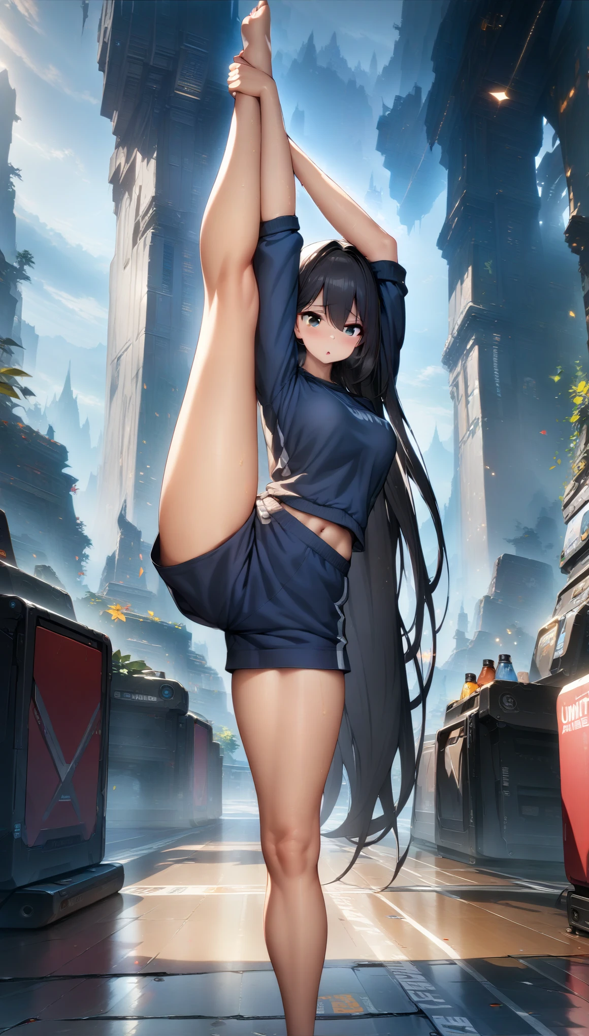 ((32k)), ((best quality)), ((ultra high res)), ((HDR)), ((UHD)), ((extremely detailed CG)), ((unity 32k wallpaper)), (masterpiece, highest quality:1.2), 1 Girl, alone,Are standing_Split,
Yuuki eats, Long Hair, Gym suit,