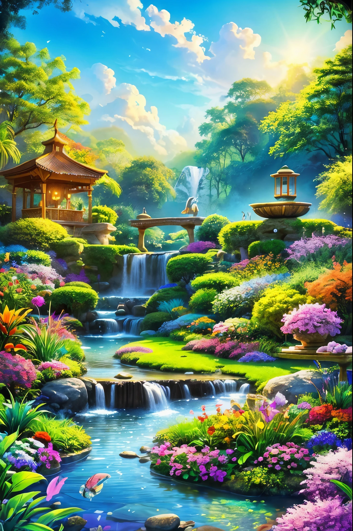 Mystical world Zen garden Dazzling clouds Calm flowing water Colourful flowers Colourful butterflies Fresh air Symphony of nature Perfect harmony Magical beauty Enchanting melodies Heavenly harmony Soothing colours Paradise Nirvana serenity Mystical aura Dreamlike environment Waterfalls Angels Pure bliss Divine presence Magical aura Eternal symphony of peace and happiness Glow of the morning sun