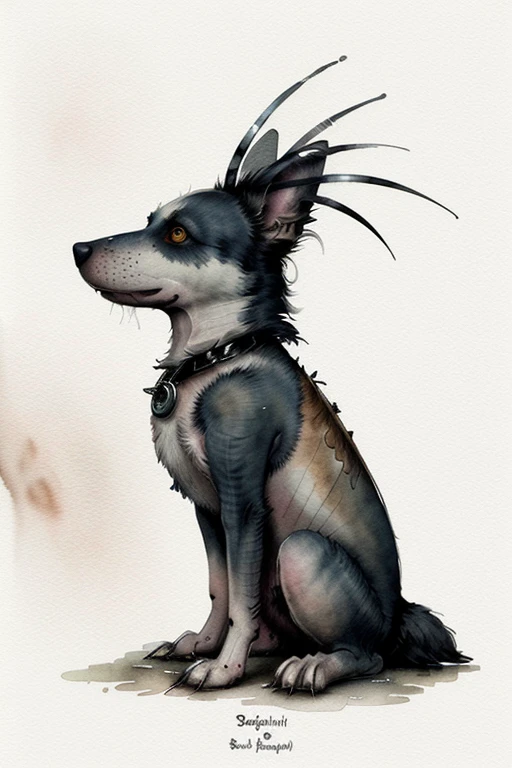 A captivating and minimalist caricature of a weed-smoking doggy showcasing a blend of pop culture references and dark surrealism. The doggy has an exaggerated, side view appearance, with a hint of grotesque. The art style is reminiscent of Russ Mills, Sakimichan, Wlop, Loish, Artgerm, Darek Zabrocki, and Jean-Baptiste Monge. The illustration is presented as a croquis, art line sketch, and watercolor painting, with a touch of color engraving. The overall atmosphere is mystical and eerie while maintaining a sense of minimalism and simplicity. painting, dark fantasy, illustration