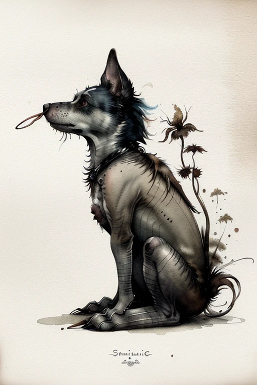 A captivating and minimalist caricature of a weed-smoking doggy showcasing a blend of pop culture references and dark surrealism. The doggy has an exaggerated, side view appearance, with a hint of grotesque. The art style is reminiscent of Russ Mills, Sakimichan, Wlop, Loish, Artgerm, Darek Zabrocki, and Jean-Baptiste Monge. The illustration is presented as a croquis, art line sketch, and watercolor painting, with a touch of color engraving. The overall atmosphere is mystical and eerie while maintaining a sense of minimalism and simplicity. painting, dark fantasy, illustration