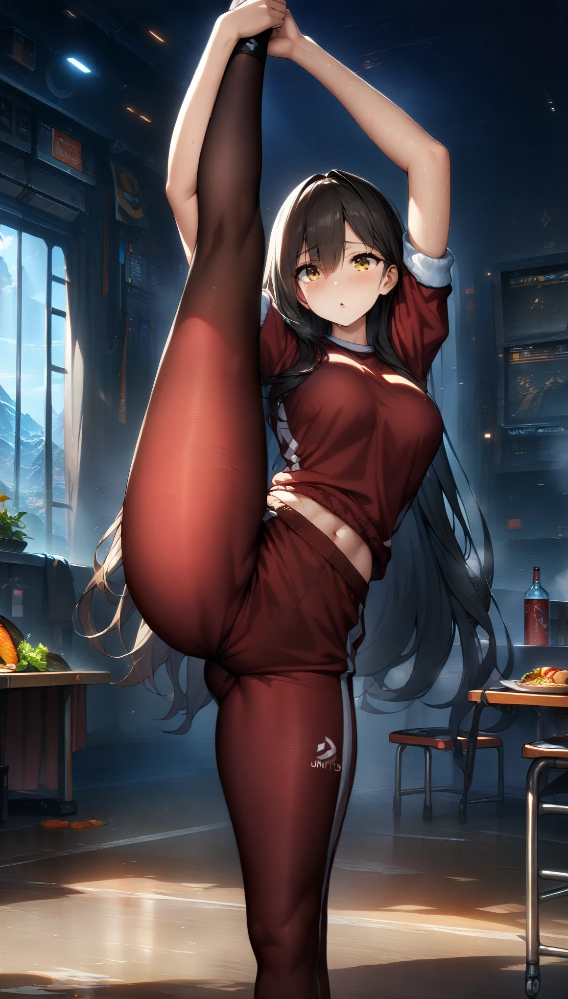 ((32k)), ((best quality)), ((ultra high res)), ((HDR)), ((UHD)), ((extremely detailed CG)), ((unity 32k wallpaper)), (masterpiece, highest quality:1.2), 1 Girl, alone,Are standing_Split, 
Yuuki eats, Long Hair, Gym suit, 