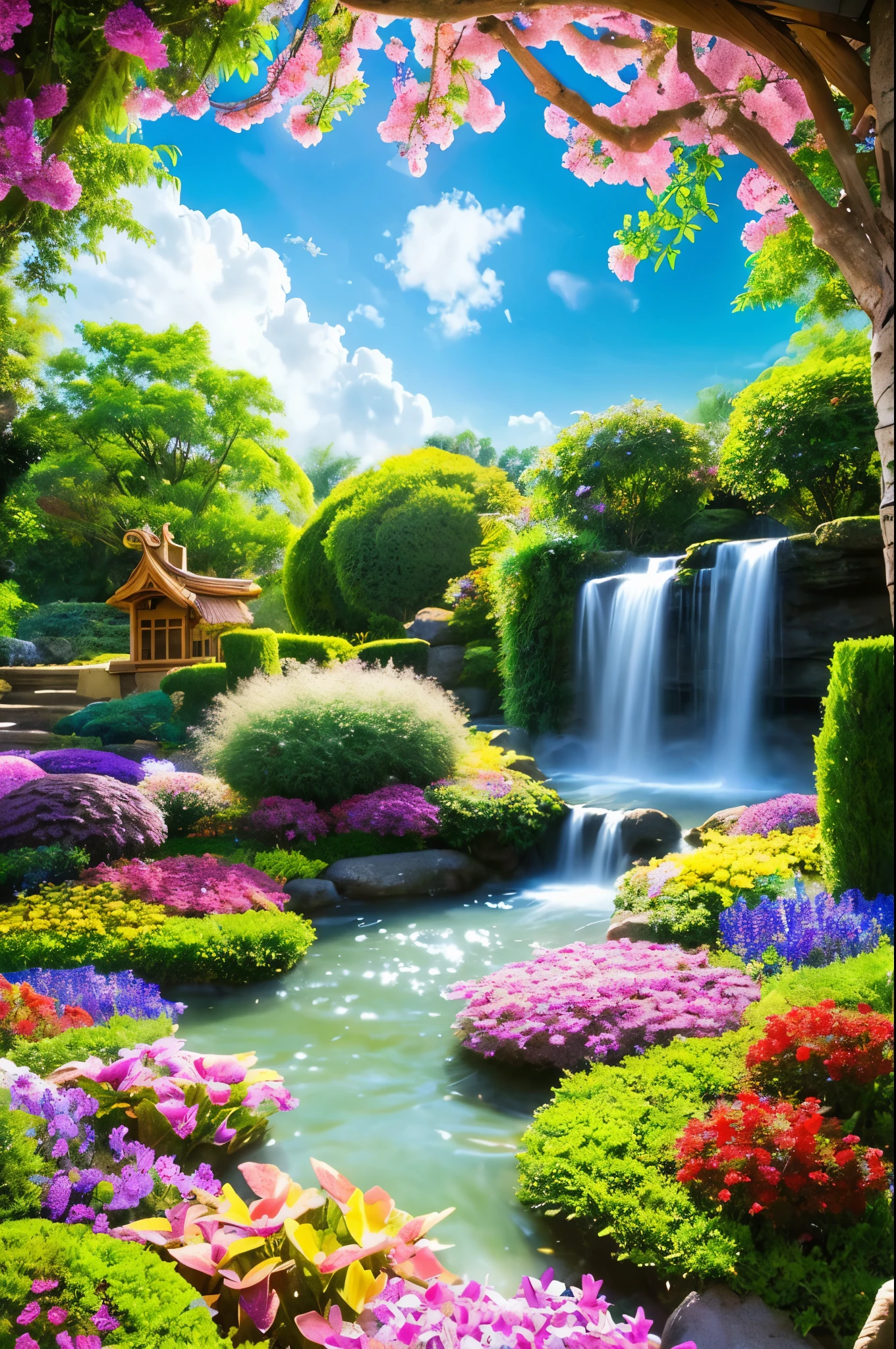 Mystical world Zen garden Dazzling clouds Calm flowing water Colourful flowers Colourful butterflies Fresh air Symphony of nature Perfect harmony Magical beauty Enchanting melodies Heavenly harmony Soothing colours Paradise Nirvana serenity Mystical aura Dreamlike environment Waterfalls Angels Pure bliss Divine presence Magical aura Eternal symphony of peace and happiness Glow of the morning sun