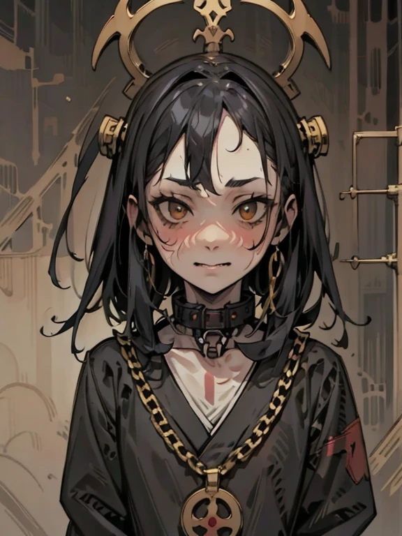 (masterpiece: 1.2, highest quality),((Sunburned skin))、 nightmare, doll-like face, Horror elements 、Unique atmosphere、Colorful devil clown, Japanese painting, creepy appearance, Characteristic hairstyle,（Colorful hair colors）、collar with chain、National costume
