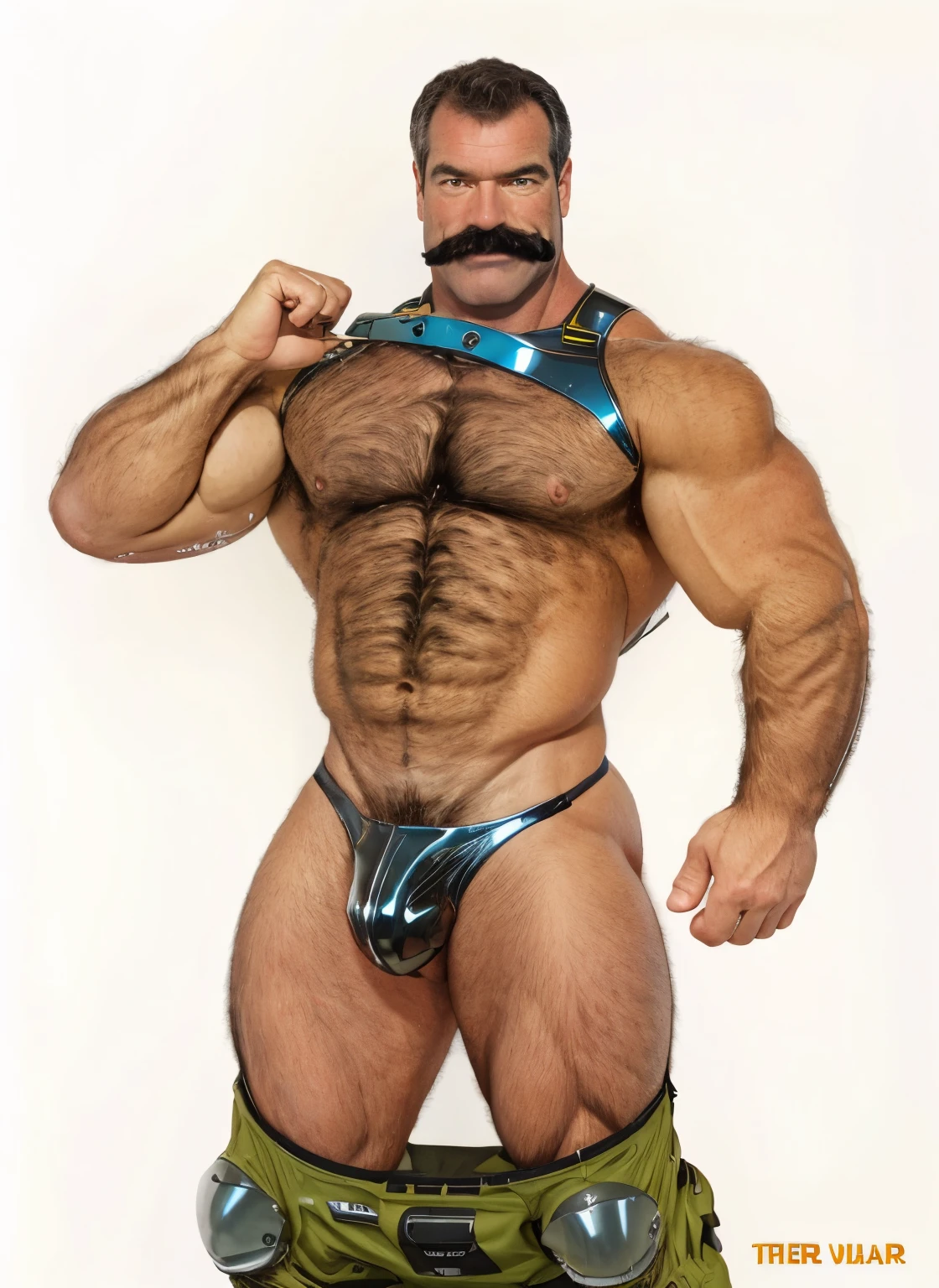 full body portrait, strong burly hairy mature older man(space captain), wearing futuristic captain's uniform insignia (neon and black) (open and revealing) (latex) , gray hair, broad shoulders, round belly, thick feet, bulging micro thong, barefoot, scifi spaceship captain uniform, neon lights, best quality elegant masterpiece, face looks like Tom Selleck (Magnum PI) , military buzzcut, dark mustache, gray stubble, latex, wearing a latex thong, big bulging crotch, futuristic gear equipment, wearing see through plastic chest armor (neon yellow and electric blue), wearing neon yellow see through chest armor, wearing electric blue latex chaps(see-through) , wearing cool neon sneakers,in spaceship cockpit, lying in spaceship sleeping quarters(bed) (view from above), smiling with teeth showing, nicebulge, waiting in bed, glowing armor, legs up(!) and spread(!) , big muscle ass, wet and dripping ass, visible asshole(!) , wet asshole, hairy pecs, thick long legs, silver hair