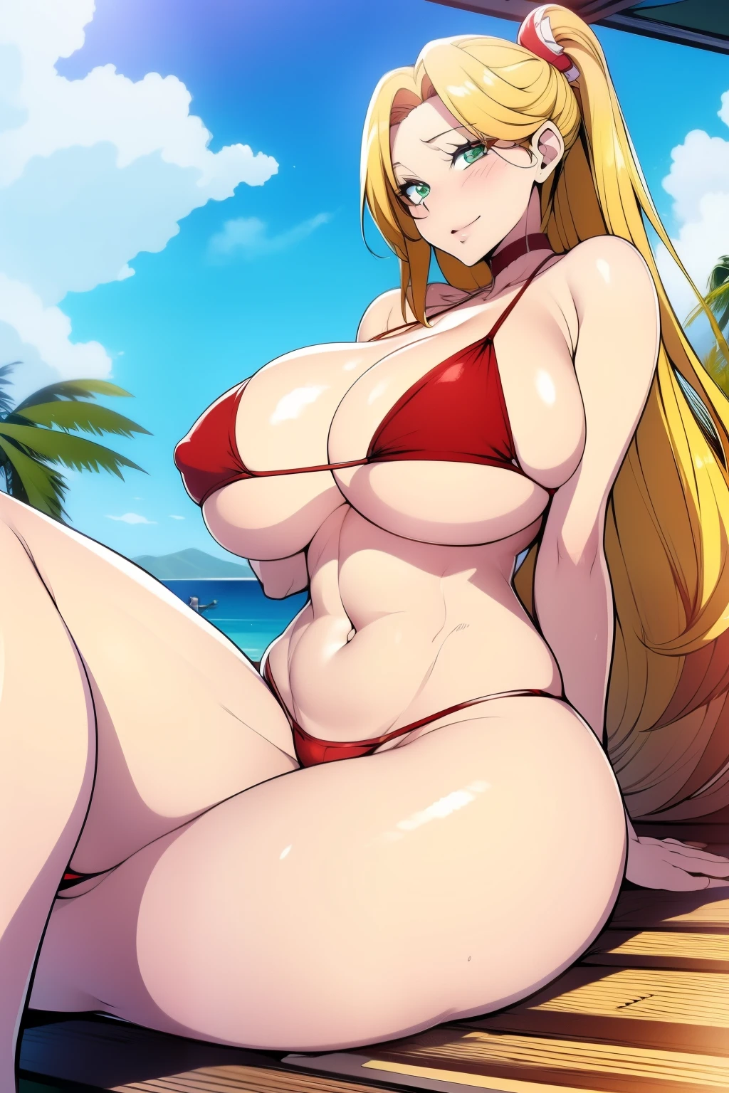 An anime-style artwork depicting Kousaka Shizuru from the game Honkai star rail.

Tags: Kousaka Shizuru, anime, detailed eyes, detailed lips, ass, bare shoulders, (blonde hair:1.4), (micro bikini : 1.4),  long hair,  solo, huge breasts,  (green eyes:1.1),, smiling expression, intense gaze, dynamic pose, outdoor, beach, (lying on sun lounger), vibrant colors, digital art, high-resolution, professional quality, gigantic breasts, (underboob : 1.4), curvy, cowboy shot, (gigantic breasts: 1.4),