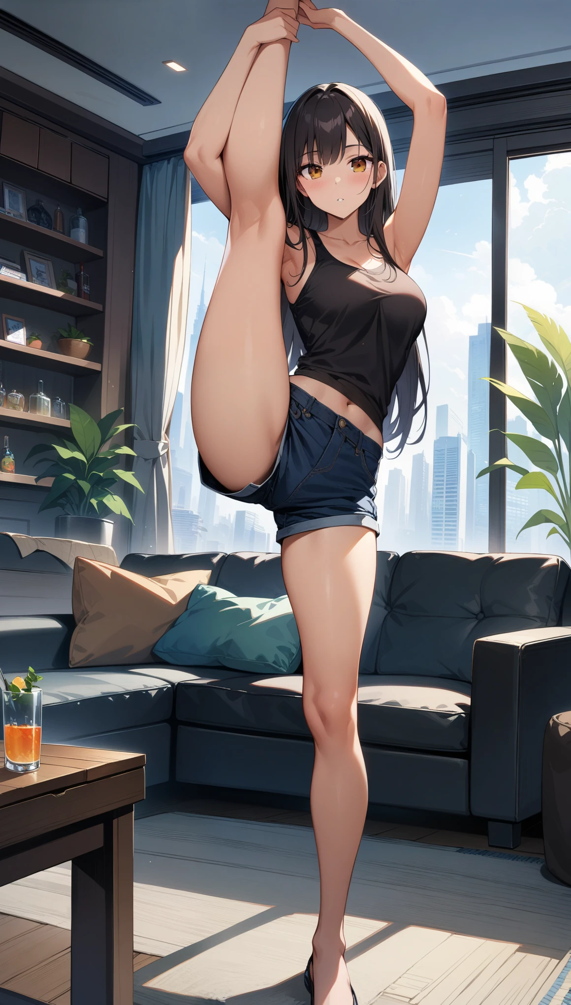 ((32k)), ((best quality)), ((ultra high res)), ((HDR)), ((UHD)), ((extremely detailed CG)), ((unity 32k wallpaper)), (masterpiece, highest quality:1.2), 1 Girl, alone,Are standing_Split,
Yuuki eats, Long Hair, living room, Black tank top, black shorts,