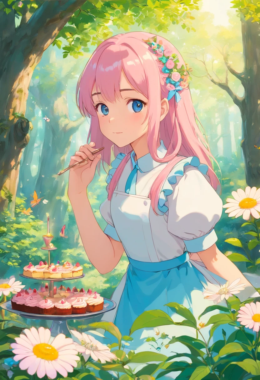 El escenario es este: pasto con varias flores, cielo azul con algunas nubes, en el pasto hay una mesa y encima de la mesa hay trastes y cosas para hacer pasteles, hay una chica linda, con piel blanca, ojos rosas, su cabello es rosa igual, tiene como vestimenta un maid de sirvienta color rosa con blanco son los bordes, is making a cake. Behind her there are many trees, A prince is hidden in one of the trees, su piel es blanca, sus ojos son azules su cabello es lacio corto, His clothing is like that of a prince, He is in his white uniform and has gold details, He is hiding behind the tree, carefully watching the girl since he is in love with her..