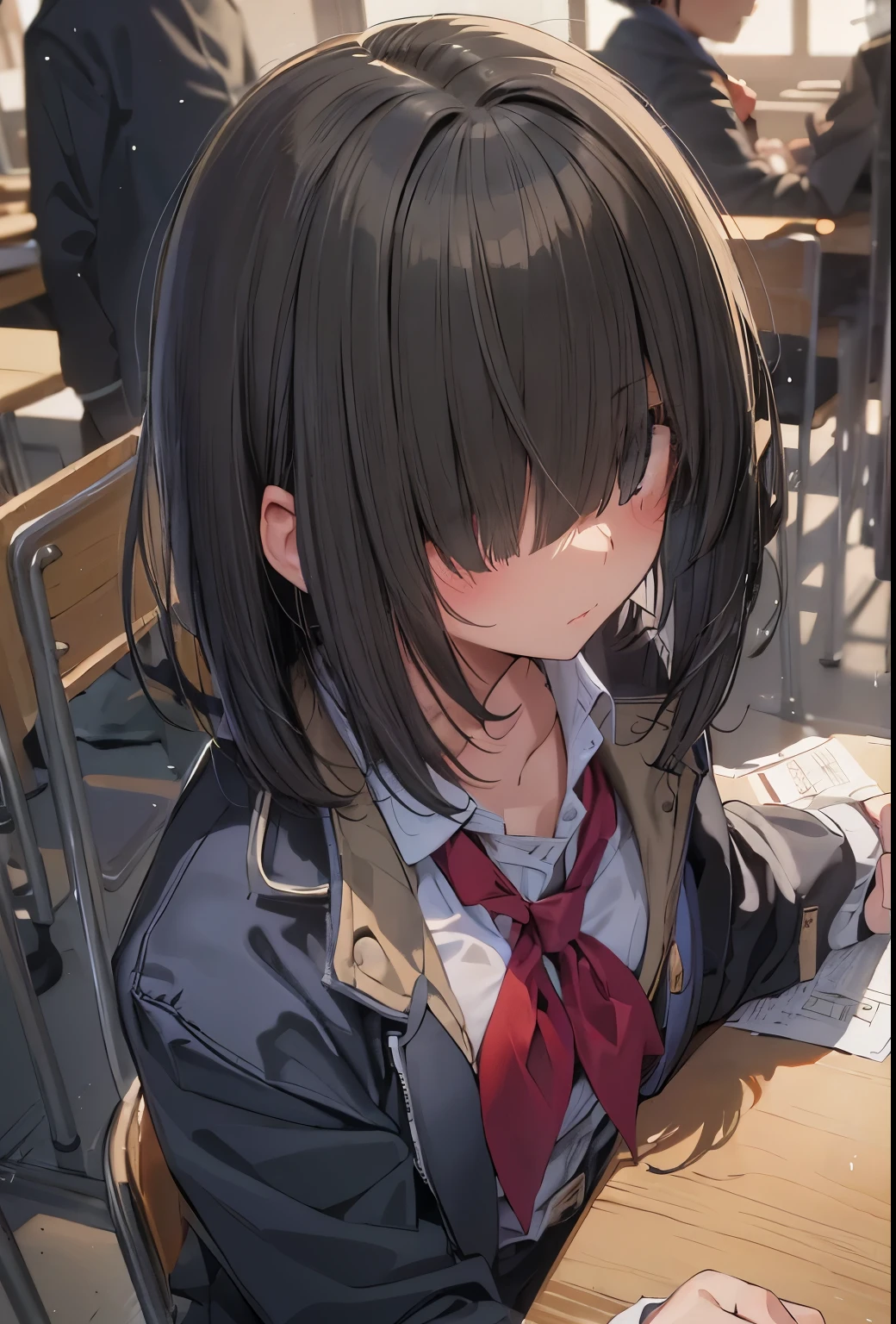 masterpiece, best quality, extremely detailed, anime, girl, black hair, ((hair over eyes )),blunt bangs, long sideburns, messy hair, bob cut,blush,big tits,,classroom,,