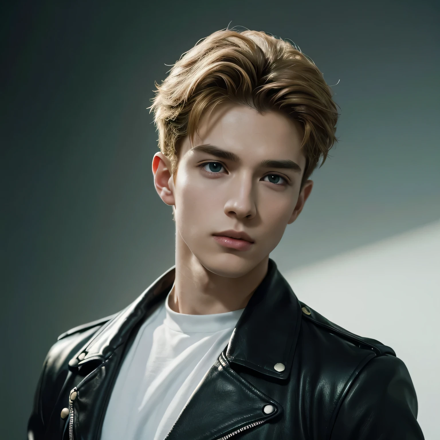 Portrait of a very handsome boy, black leather jacket, green eyes, Moican haircut, bad boy, punk, gangster, golden ratio, (high detailed skin:1.2), 8k uhd, dslr, soft lighting, high quality, film grain, Fujifilm XT3, professional lighting, handsome 1man , (thin lips:1.3), masterpiece, pale skin,(strong jaw:1), white skin, extremely pale skin, redhead boy, european boy, blonde hair, handsome supermodel, greek profile, young greek god, sublime beauty, delicate facial features, beautiful facial features, Greek face, strong jaw, attractive boy, focus on the boy, anatomical perfection, inematographic light, ultra detailed, hyper realistic, strong jaw, beautiful eyes, award winning (portrait photo:1. 4), high quality, hyper realistic, 4k, realistic, backlighting, (shallow depth of field:1. 5), by lee jeffries nikon d850 film stock photograph 4 kodak portra 400 camera f1. 6 lens rich colors hyper realistic lifelike texture dramatic lighting unreal engine trending on artstation cinestill 800 (vignette:1. 3), filmgrain, artistic photography, perfect composition, beautiful detailed, cinematic perfect light