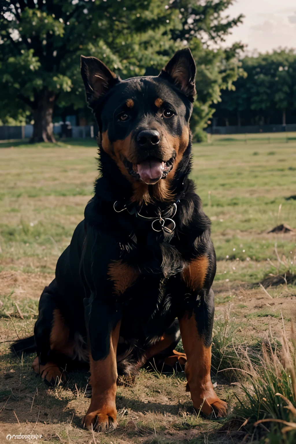 A realistic photo of an adult Rottweiler dog, instagram, photography, outdoor, closeup, grassy land