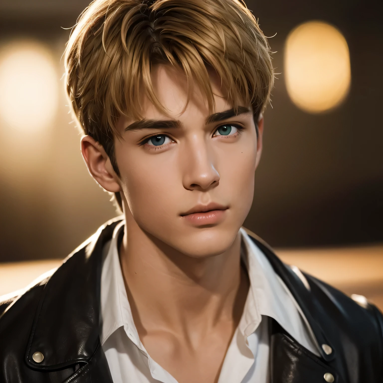 Portrait of a very handsome boy, black leather jacket, green eyes, Moican haircut, golden ratio, (high detailed skin:1.2), 8k uhd, dslr, soft lighting, high quality, film grain, Fujifilm XT3, professional lighting, handsome 1man , (thin lips:1.3), masterpiece, pale skin,(strong jaw:1), white skin, extremely pale skin, redhead boy, european boy, blonde hair, handsome supermodel, greek profile, young greek god, sublime beauty, delicate facial features, beautiful facial features, Greek face, strong jaw, attractive boy, focus on the boy, anatomical perfection, inematographic light, ultra detailed, hyper realistic, strong jaw, beautiful eyes, award winning (portrait photo:1. 4), high quality, hyper realistic, 4k, realistic, backlighting, (shallow depth of field:1. 5), by lee jeffries nikon d850 film stock photograph 4 kodak portra 400 camera f1. 6 lens rich colors hyper realistic lifelike texture dramatic lighting unreal engine trending on artstation cinestill 800 (vignette:1. 3), filmgrain, artistic photography, perfect composition, beautiful detailed, cinematic perfect light