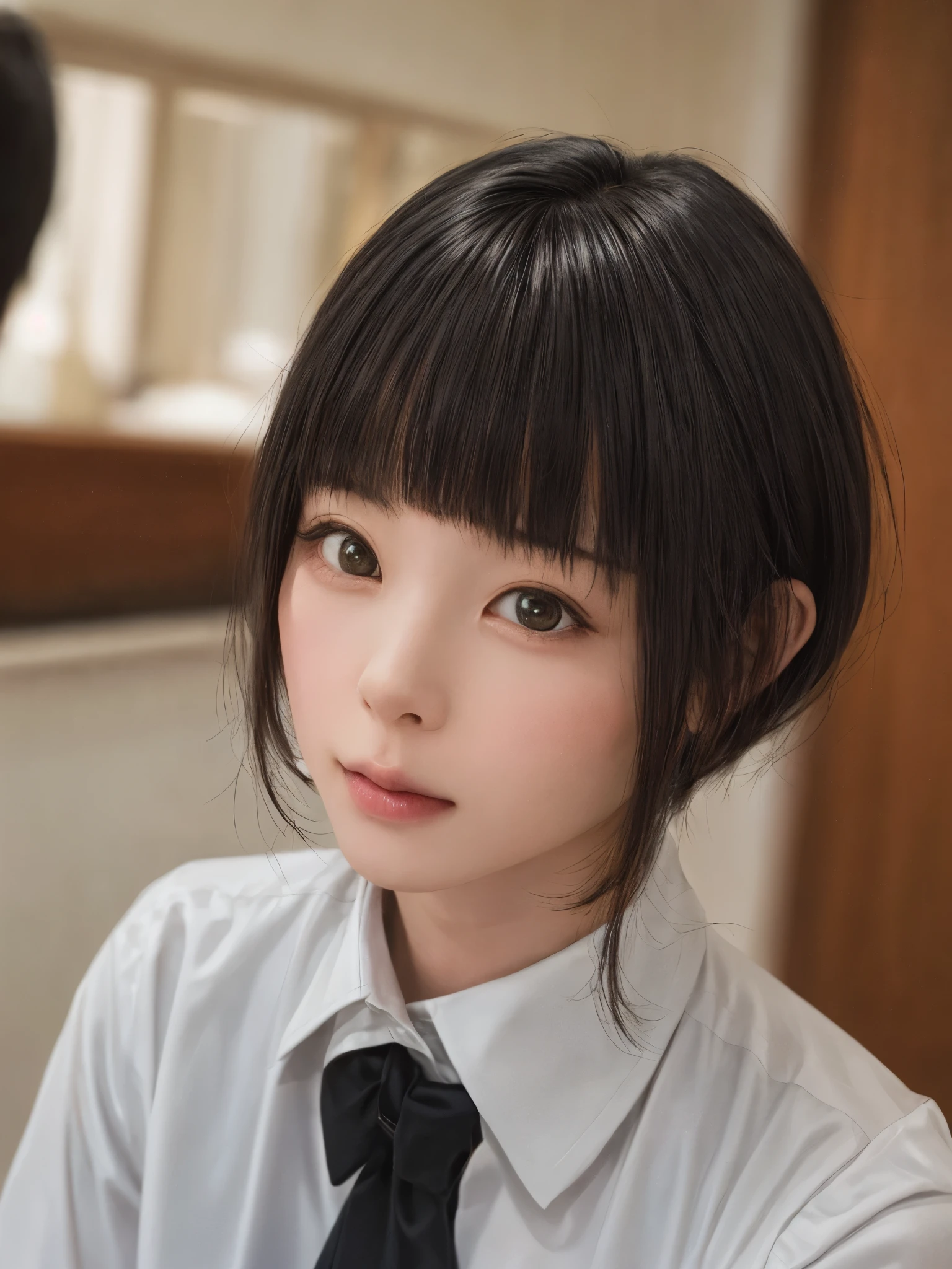 (masterpiece:1.3), (Realistic, RAW Photos, highest quality: 1.4), (One Girl), Beautiful Face, (超Realistic Face、シンメトリーのBeautiful Face), (Black Hair, short hair:1.6、bangs:1.6), Beautiful hairstyle, (Realistic eyes), Beautiful details, Long eyelashes, (Realistic Skin), Beautiful Skin, [Big Breasts:1.3], (Perfect body:1.3), (Detailed body:1.2), (tie), (Collared shirt, Pleated skirt:1.3), Absurd, charm, Ultra-high resolution, Ultra-realistic, Very detailed, Golden Ratio,Very cute beautiful woman、28 years old