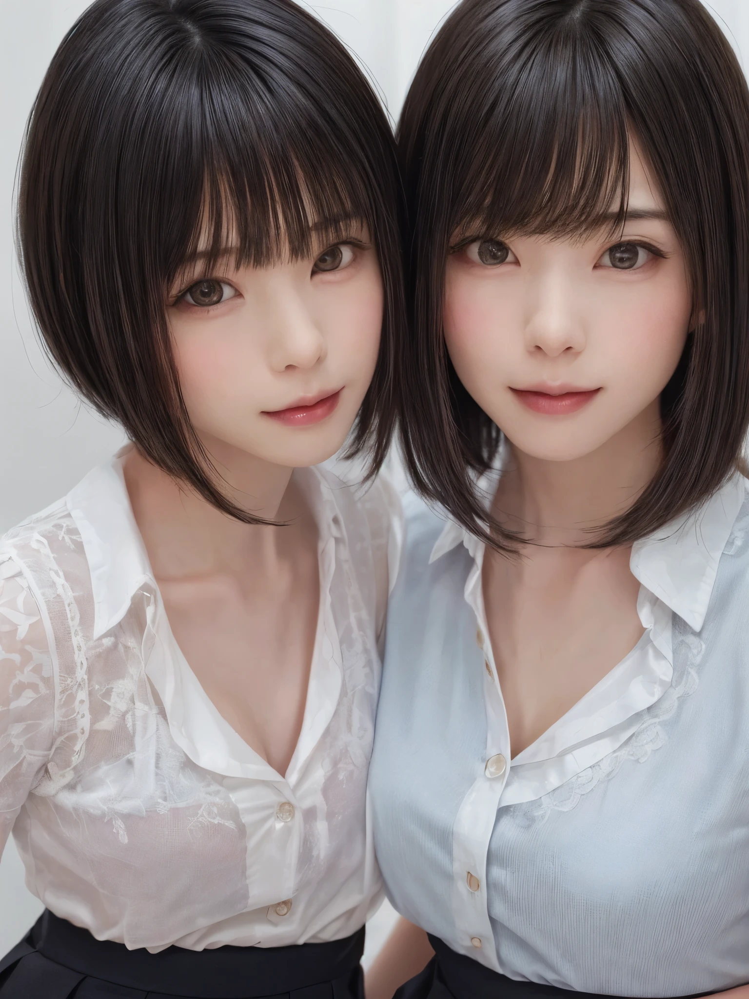 (masterpiece:1.3), (Realistic, RAW Photos, highest quality: 1.4), (One Girl), Beautiful Face, (超Realistic Face、シンメトリーのBeautiful Face), (Black Hair, short hair:1.6、bangs:1.6), Beautiful hairstyle, (Realistic eyes), Beautiful details, Long eyelashes, (Realistic Skin), Beautiful Skin, [Big Breasts:1.3], (Perfect body:1.3), (Detailed body:1.2), (tie), (Collared shirt, Pleated skirt:1.3), Absurd, charm, Ultra-high resolution, Ultra-realistic, Very detailed, Golden Ratio,Very cute beautiful woman、28 years old