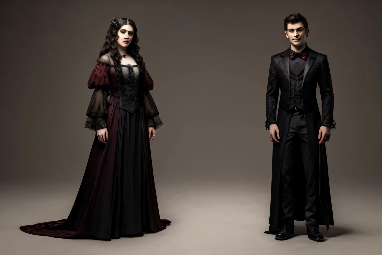 2 vampire side by side, one vampire smiles the other one calm, no background, full body, vampire clothes, ultra realistic, gothic