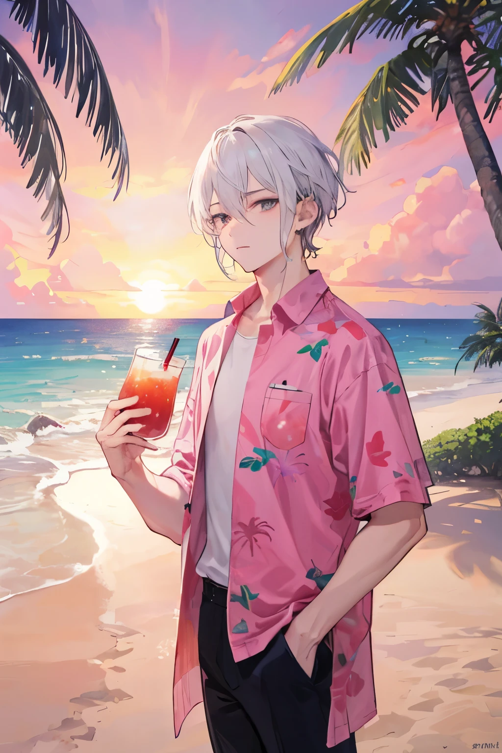 ((Best quality)), ((masterpiece)), (detailed), perfect face, 3 men, hawaiian shirts, coconut drinks in hands, Man with white hair, Man with black hair, man with purple hair, joy, beach, rest, Hawaii, sea, Sun, sand, palm trees, Pink sunset, Gays, summer, men, Guys, Boys, (the right bodies), (right hands), (only men)