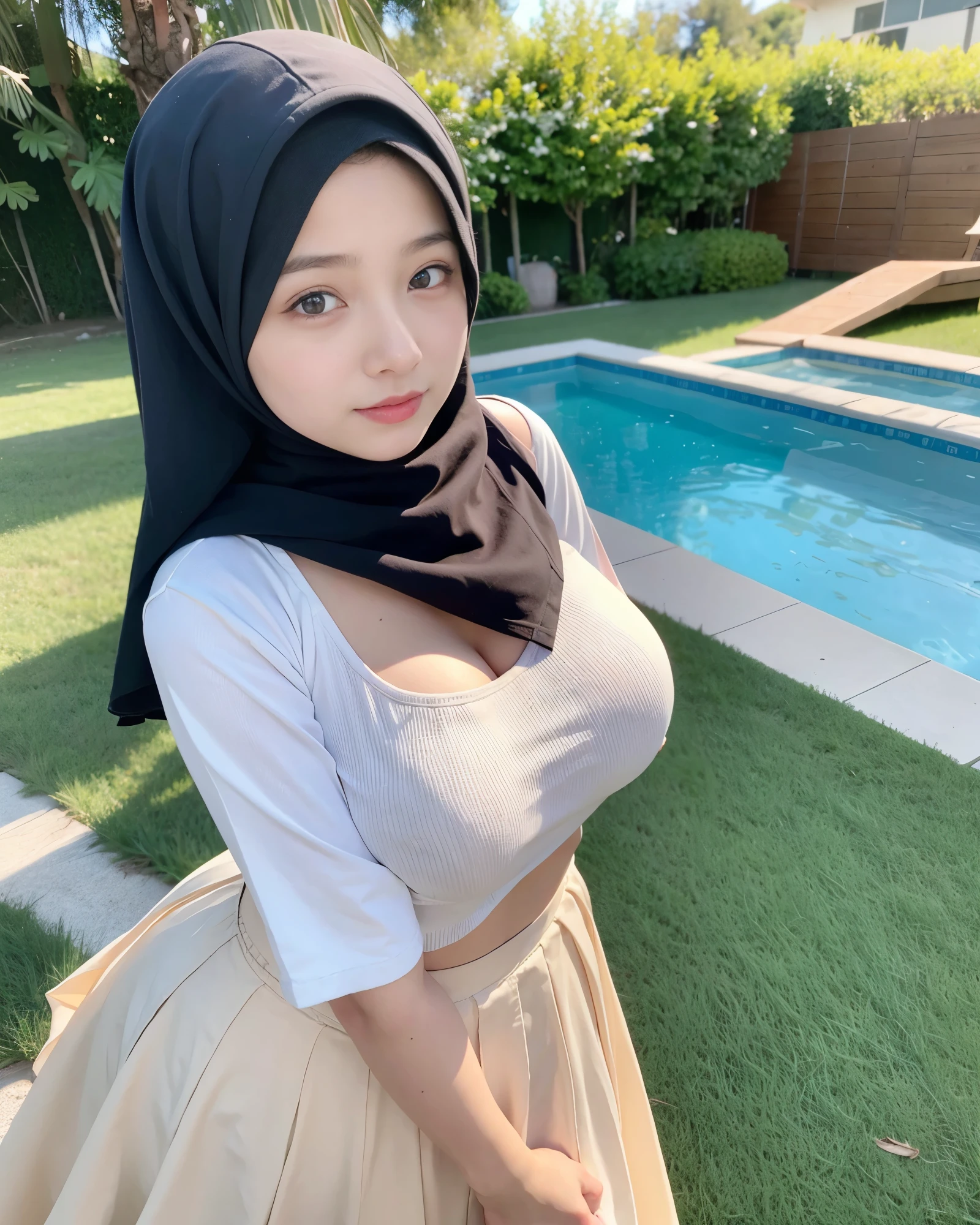 adorable, 1 girl, 10 years old, baby face, shy, medium portrait, (face details: 1), (eye details: 1), ((big breasts)), cleavage. wearing long rib shirt, long skirt, hijab... Smile posed... proportional body. Ultra High res.photorealistic:.1.4, UHD