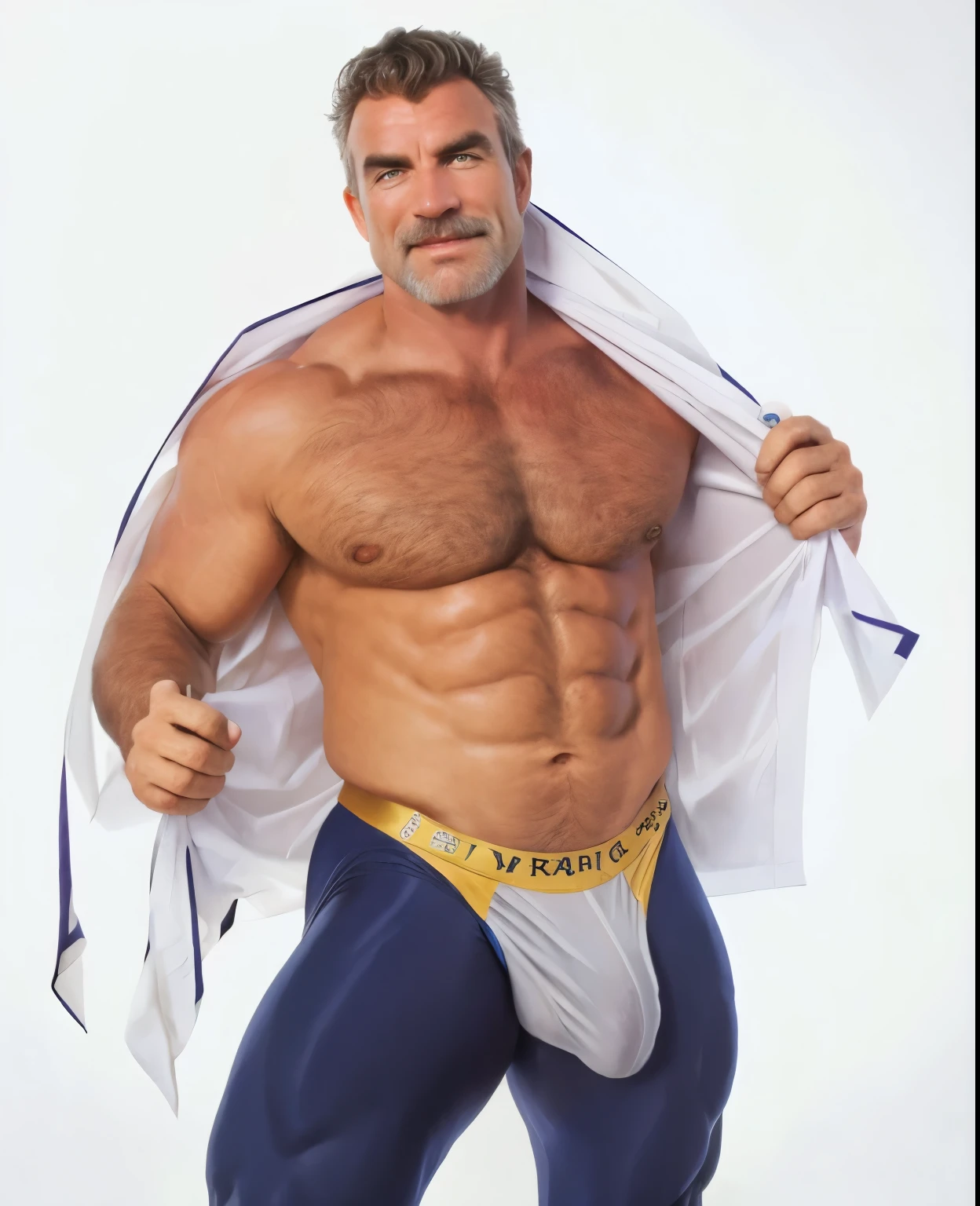 (handsome mature man), (50 yo), white man, wearing spandex, bulge, (beefy:1.3), beard, looking at viewer, beautiful man, detailed eyes, symmetric face, smirk, robust, greying hair