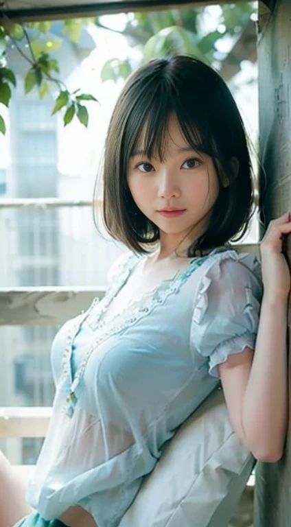(8k、RAW Photos、highest quality、masterpiece:1.2),(Spread your legs wide,Legs wide open),(Long Bob Cut),Viewed from the front,strong,erotic,White skin,knees,Absurd,Small face,Embarrassed face、前hairを真ん中から分ける,highest quality、超A high resolution,White underwear,cute,JK ,high school girl,uniform、Japanese women,Are standing,(Realistic:1.37)、Photon Mapping,Realistic、cute顔,茶色のeye、Physically Based Rendering、prospect、Written boundary depth、blurred background,girl、body,Beautiful legs, Long legs,Tie your hair into one strand on your chest,(前hairが見える), hair, lips, green_eye, Soft nose,(Light blue shirt), thigh,Cleavage、Unbutton your shirt to reveal your chest、Roll up the skirt yourself、