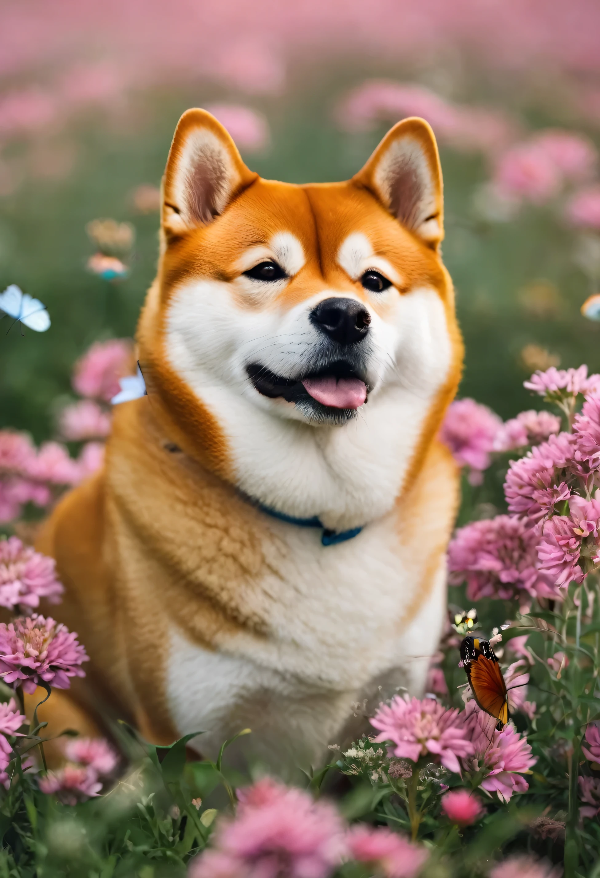 shiba inu in a flower field with butterfly on his nose