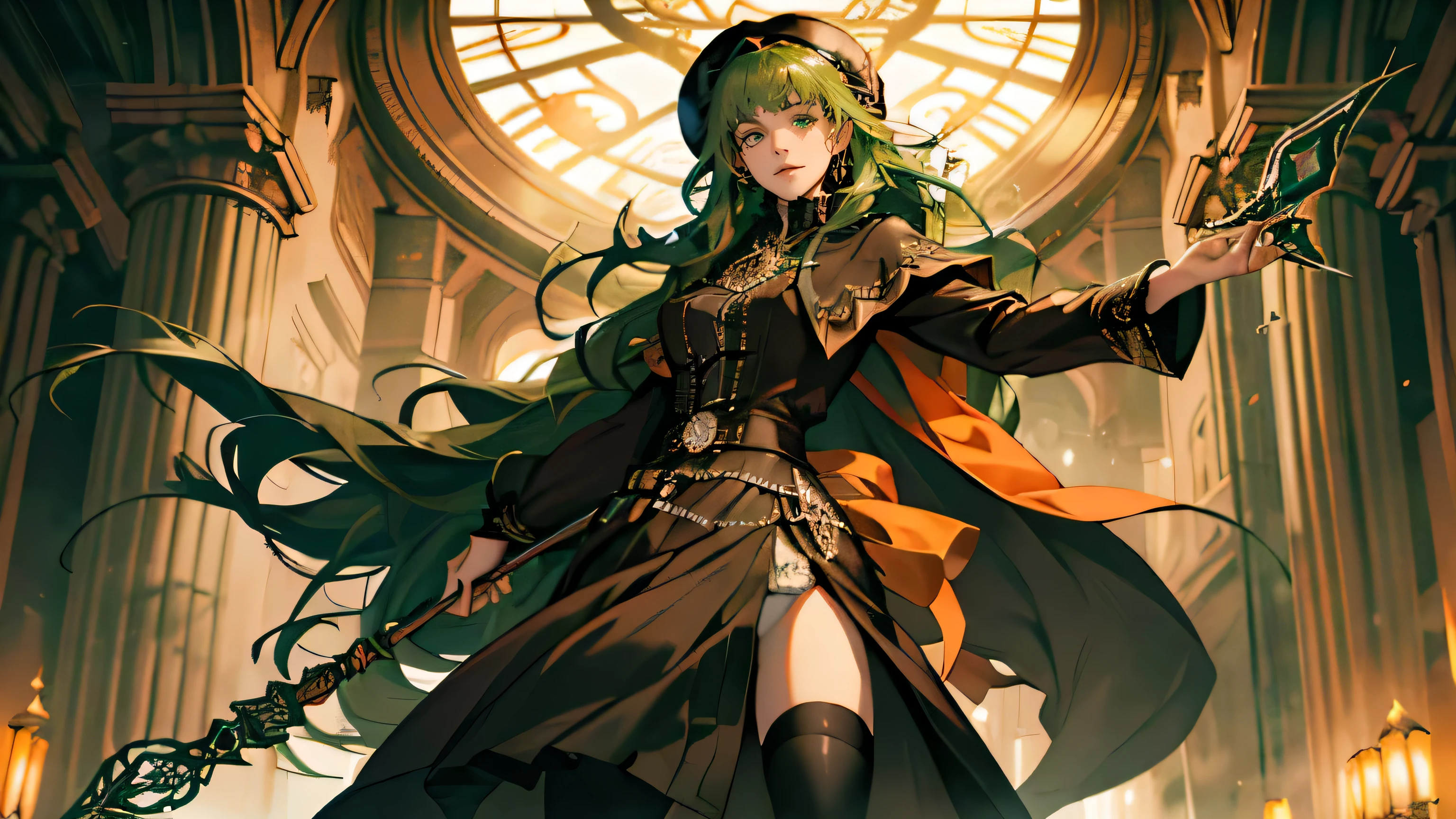 masterpiece, ultra detailed, 8K Portrait, Raw photo, a portrait photo of, Highly detailed face, beautiful and meticulous eyes, ((Fantasy)), Young beautiful, 22 years old, smile, dynamic pose, (((Long Straight deep green hair))), ((One side is woven with orange ribbon)), blunt bangs, beret, White skin color, Luxury, hooded (((dark brown))) (((silk long cloak))) fluttering in the wind, (((dressed shirt))), (((maxi skirt))), (((dark thigh high tights))), high cut leather boots, (((lift up long magical staff))), ((equip a pocket watch)), Body model, Small breasts, Beautiful breasts, Long legs, morning Sun, Hyper realistic, in a castle, Ambient lighting, Shadow details, strong breeze, Light fog