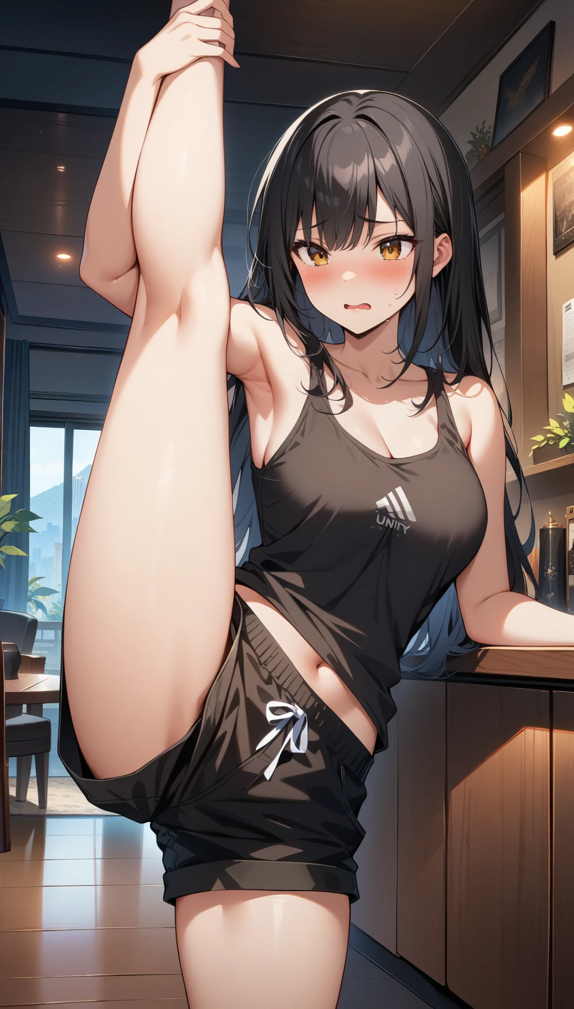 ((32k)), ((best quality)), ((ultra high res)), ((HDR)), ((UHD)), ((extremely detailed CG)), ((unity 32k wallpaper)), (masterpiece, highest quality:1.2), 1 Girl, alone,Are standing_Split,
Yuuki eats, Long black hair, living room, Black tank top, black shorts, Embarrassed expression,