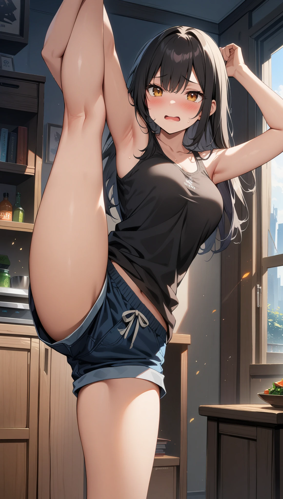 ((32k)), ((best quality)), ((ultra high res)), ((HDR)), ((UHD)), ((extremely detailed CG)), ((unity 32k wallpaper)), (masterpiece, highest quality:1.2), 1 Girl, alone,Are standing_Split,
Yuuki eats, Long black hair, living room, Black tank top, black shorts, Embarrassed expression,