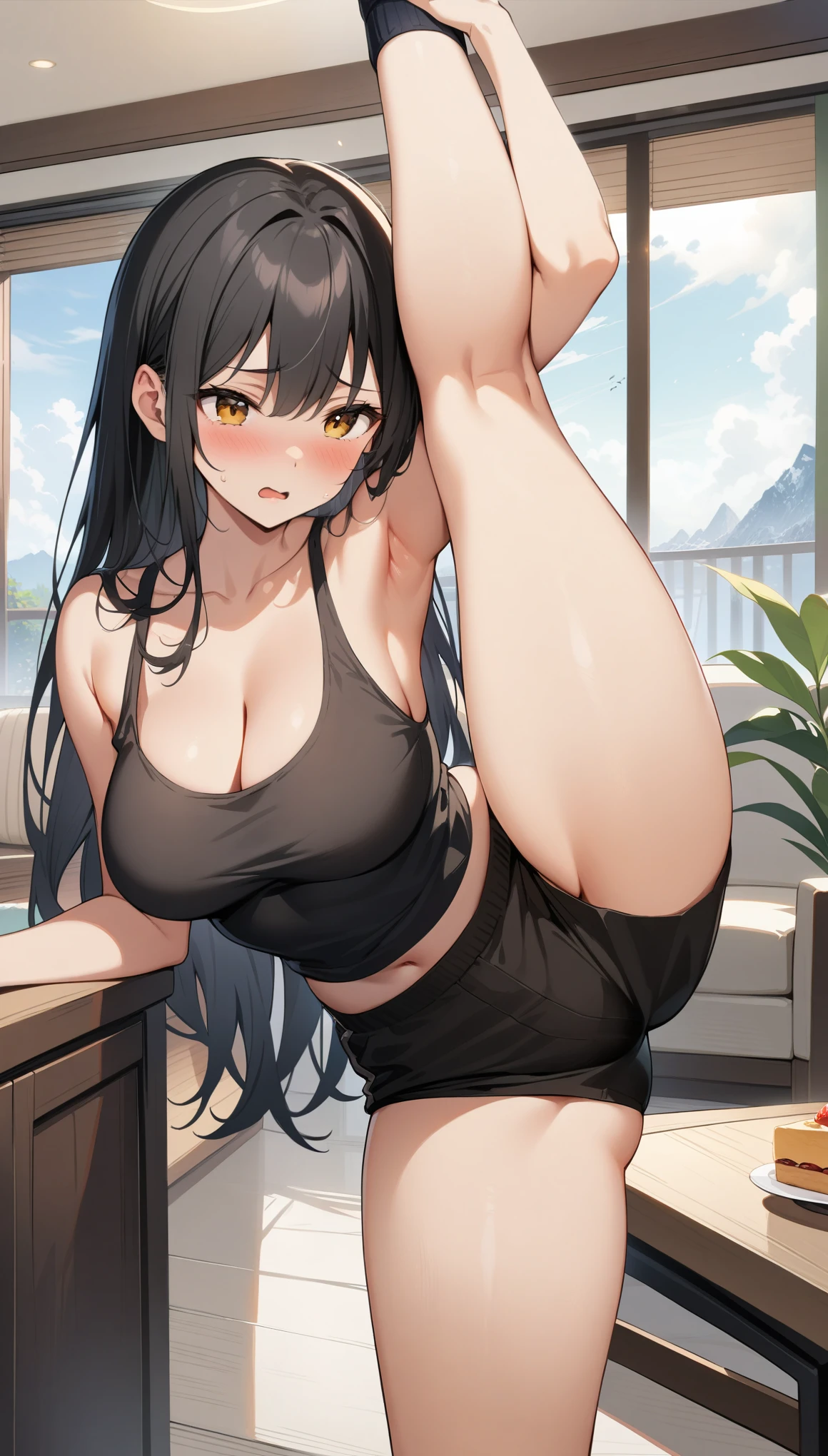 ((32k)), ((best quality)), ((ultra high res)), ((HDR)), ((UHD)), ((extremely detailed CG)), ((unity 32k wallpaper)), (masterpiece, highest quality:1.2), 1 Girl, alone,Are standing_Split, 
Yuuki eats, Long black hair, living room, Black tank top, black shorts, Embarrassed expression, 