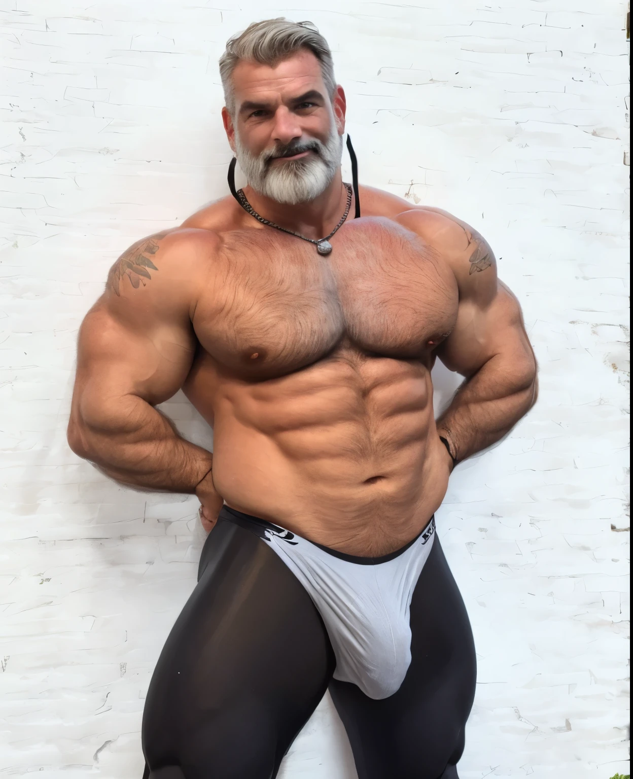 (handsome mature man), (50 yo), white man, wearing spandex, bulge, (beefy:1.3), beard, looking at viewer, beautiful man, detailed eyes, symmetric face, smirk, robust, greying hair