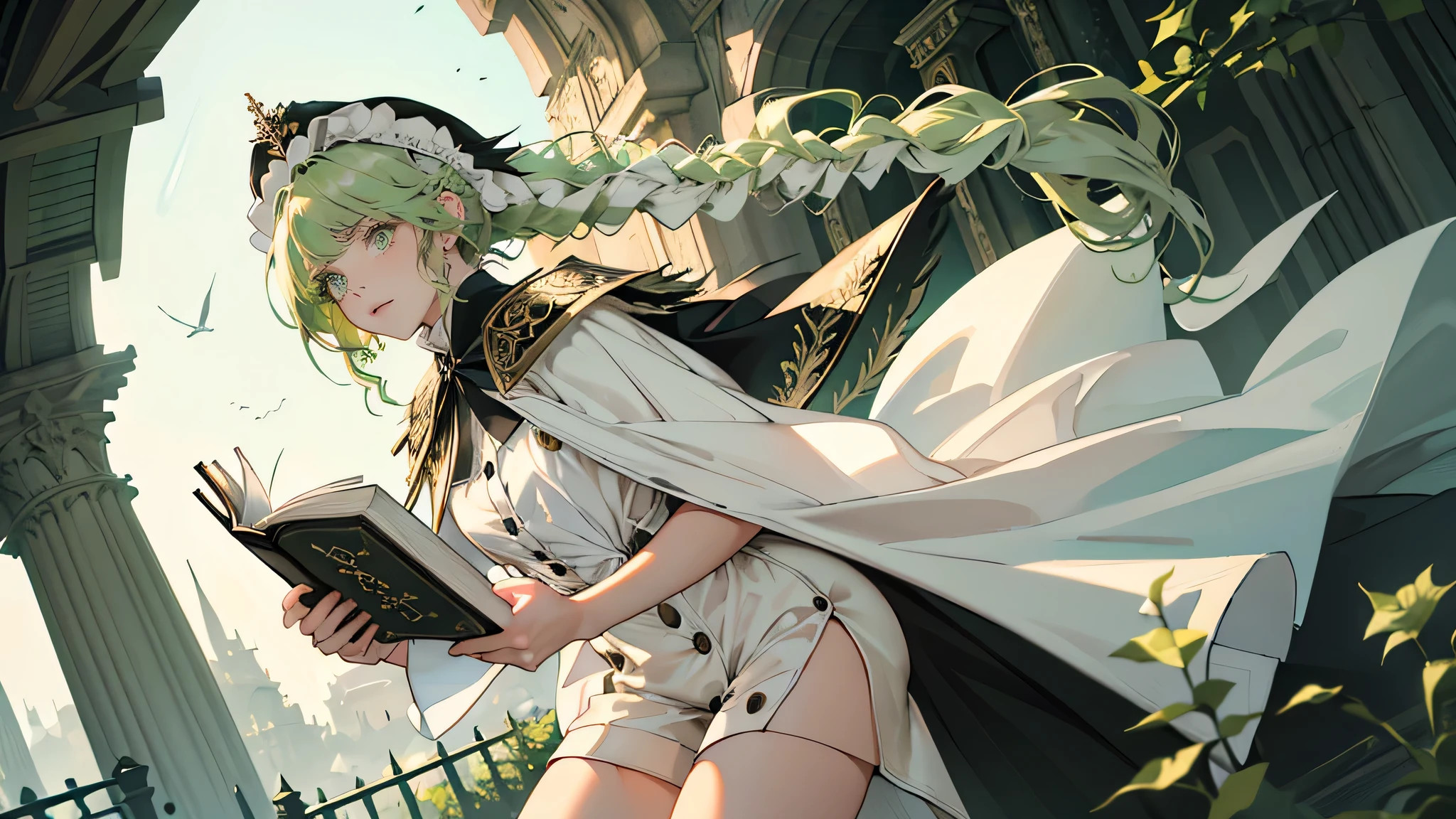 masterpiece, ultra detailed, 8k portrait, RAW photo, portrait photography, highly detailed face, beautiful and meticulous eyes, ((Fantasy)), Young beautiful, 22 years old, (((drooping eyes))), dynamic pose, (((Medium wavy light green hair))), ((braided twin tail)), parted bangs, White skin color, Luxury, (((black mortarboard cap))), (((white silk long cloak))) fluttering in the wind, (((many buttons Shirt dress))), (((black shorts))), high cut leather boots, ((holding magic book)), Midday Sun, hyper realistic, Body model, Small breasts, Beautiful breasts, Long legs, in the castle, Ambient lighting, Shadow details , Camera focus on thigh, strong breeze, Light fog