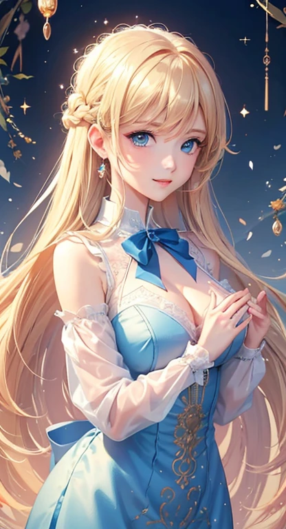 ((highest quality)), ((masterpiece)), (Get used to it), Perfect Face , masterpiece、highest quality、High resolution、High-quality images、8k, 1 female、Skin Radiance、Texture of skin and clothing、Expression of fine eyes、Shiny bright golden hair,Girl with long braided hair, Manga inspired by Lee Jong-suk, Trending on deviantart, realism, detailed manga style, Manga art style, Perfect Line Drawing, Beautiful line art, digital manga art girl, K-POPアイドル, Beautiful Blue Eyes, Lips become thicker, Gorgeous face with attention to detail, (Cute Smile), charm, Innocent, Side view, (Perfectly detailed face), (Beautiful Hands) Photorealistic images, Written boundary depth, 20th Generation ,beautiful girl , Soap bubble , Lace dress , Medium Chest , protruding shoulders , I can see her cleavage , Soap bubble , 背景にはたくさんのSoap bubbleがあります ,