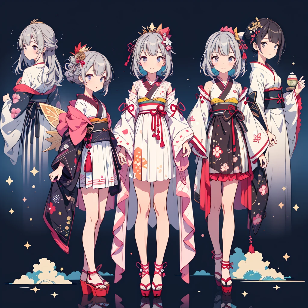 highest quality、8K,handsome face、vtuber-halfbody、A picture of the front straight towards the viewer、Star Fairy、Full body front portrait、front、1girl,highest quality、masterpiece、official art、Super detailed、super beautiful、Cute Star Fairy、Gray hair straight ショートヘア、Milky Way、universe、star charm、star、baby face、Knee-high boots、Japanese pattern dress、A beautiful girl wearing black and white clothes that are a remake of a yukata.、Oiran frill dress reminiscent of universe、Colorful portraits