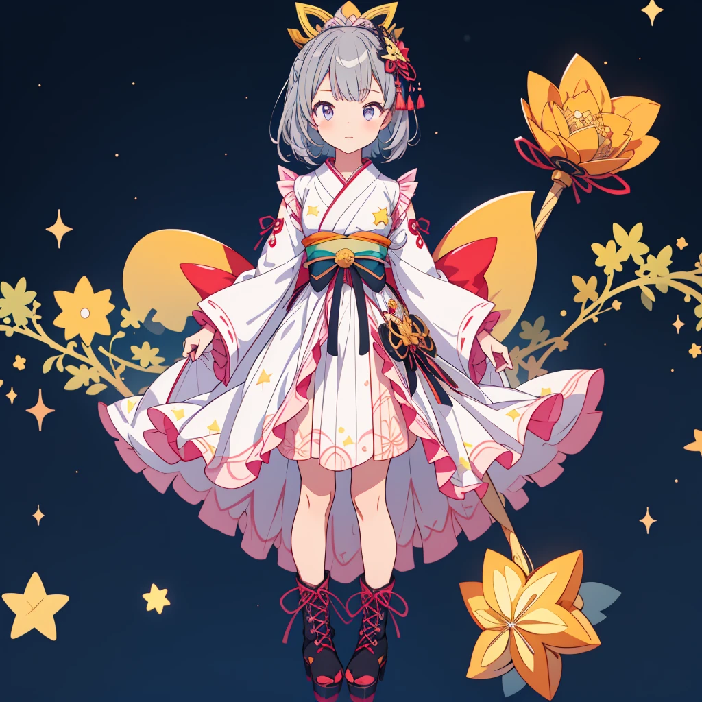 highest quality、8K,handsome face、vtuber-halfbody、A picture of the front straight towards the viewer、Star Fairy、Full body front portrait、front、1girl,highest quality、masterpiece、official art、Super detailed、super beautiful、Cute Star Fairy、Gray hair straight ショートヘア、Milky Way、universe、star charm、star、baby face、Knee-high boots、Japanese pattern dress、A beautiful girl wearing black and white clothes that are a remake of a yukata.、Oiran frill dress reminiscent of universe、Colorful portraits