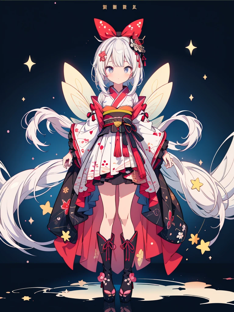 highest quality、8K,handsome face、vtuber-fullbody、A picture of the front straight towards the viewer、Star Fairy、Full body front portrait、front、1girl,highest quality、masterpiece、official art、Super detailed、super beautiful、Cute Star Fairy、white hair straight short、Milky Way、universe、star charm、star、baby face、Knee-high boots、Japanese pattern dress、A beautiful girl wearing black and white clothes that are a remake of a yukata.、Oiran frill dress reminiscent of universe、Colorful portraits