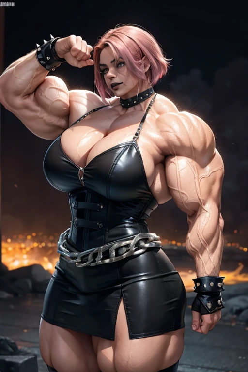 ((((Massive, tall, beautiful, buff, wet, light brown skinned muscular woman with shocking pink hair, black lipstick, ginormous bulky muscles, flexing biceps and wearing a black leather corset with loose skirt)))), (red background), close view, (massive muscles), massive biceps, hyper muscle shoulders, hyper muscle triceps, (angled bob cut), glowing red eyes, choker, (chain belt), black boots, (spiked gauntlets), (fingerless gloves), (in a raining dark island), confident smirk, night, red moon, (red skies), hyper vascular arm, hyper muscles arms, hyper muscle legs, (ginormous arms).