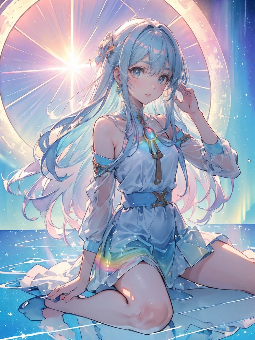 Optical focus , (Bright gradient watercolor :1.5, Lens flare:1.5 , glitter :1.5), whole bodyエズビアン、Shine , dream-like , Light background、Grid illusion, colorful, girl、(((Bright sea background:1.5,There's a psychic in the background:1.5))),((Highly detailed eyes:1.5)),{{{Ultra 8k resolution}}},((Tabletop, highest quality, beautifully、aesthetic: 1.2)),{{Superb masterpiece: 1.7}}, {{Cinema Lighting}},(hair Transparency:1.5),(bright shades:1.5,Light tones,Bright big aurora background:1.5、Min:1.5,Cold Reflection:1.5,The edge of the object reflects in the rainbow:1.5) 、(Golden Ratio: 1.2), (whole body: 1.2), (Super Detail: 1.3), (girl with: 1.3), (Fractal Art: 1.3), {{{glitter Pupil:1.25}}}) , ((光沢のあるhair: 1.2)), (Heterochromia), (whole bodyエズビアン), (Hyper Detail), ((Subtle details)), (Intricate details), ((Cinematic Light, highest qualityのバックライト)), High Contrast, {{{Best lighting, Very delicate and beautiful}}}, (( Cinematic Light)), (Ray-traced Reflections, Shine), (((Shineオーラ)), {{{}}}, ((Super Detail)), (8k)), ((Panty shot)), ((Brown Skin)), ((Captivating smile)) ,((ハイアングルwhole bodyショット)), (whole body:1.2)、(sky:1.5)