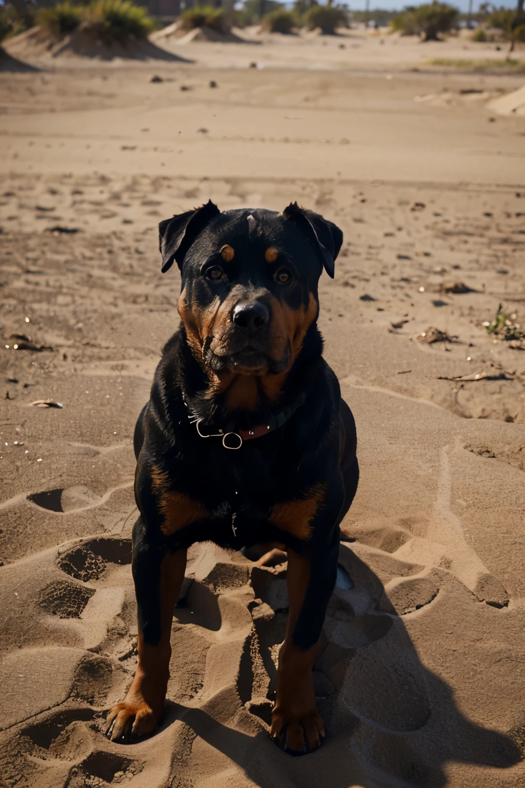 A realistic photo of an adult Rottweiler dog, instagram, photography, outdoor, closeup, sand