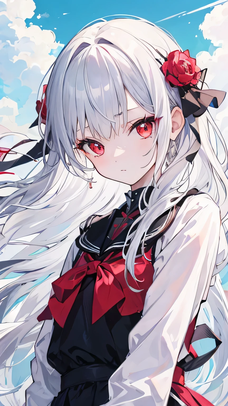 Silver hair, red eyes, cute girl, anime girl, ((masterpiece))