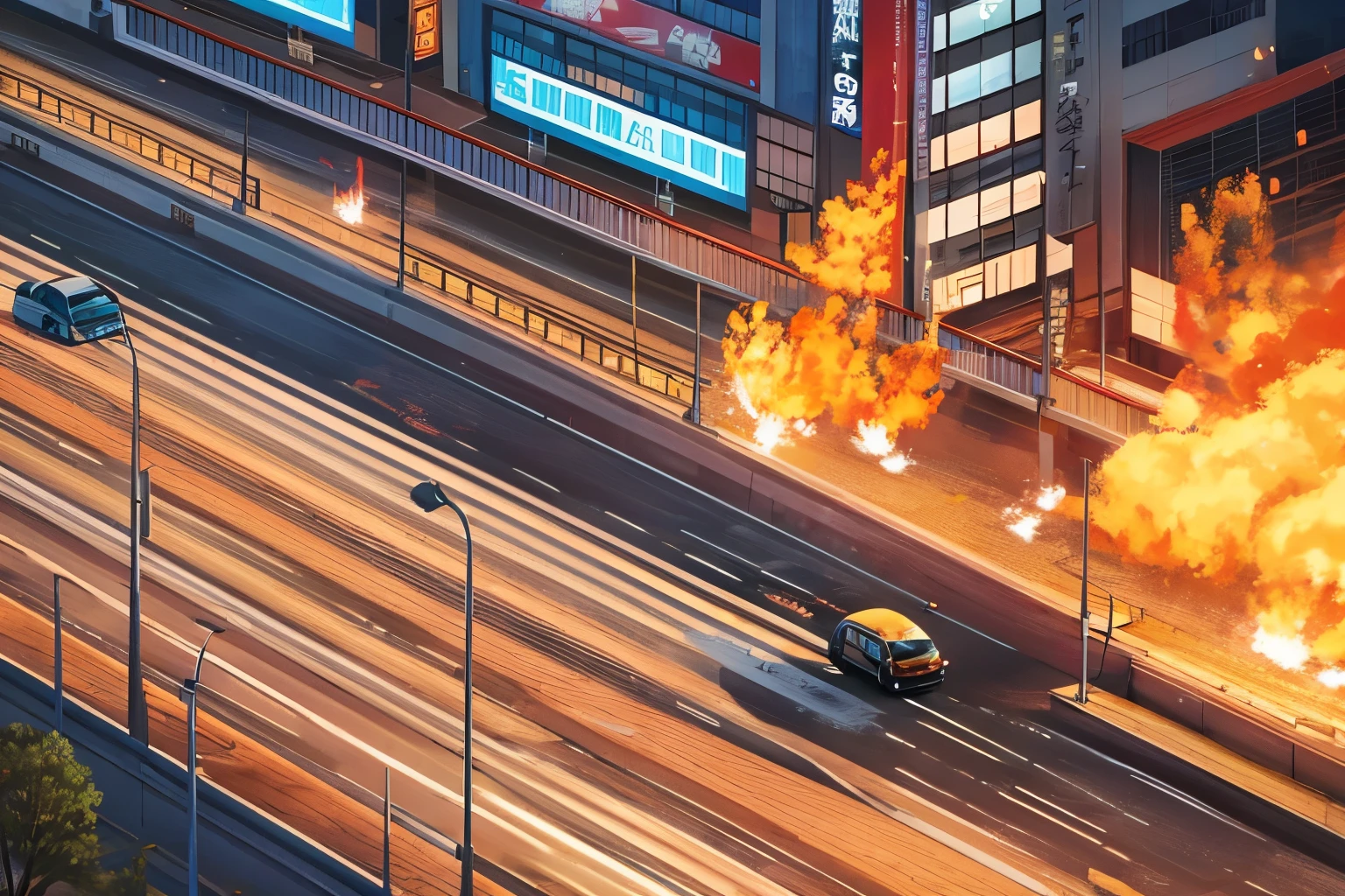 Expressways in Japan, A tourist bus with a Japanese swallow logo lying on its side, It's on fire